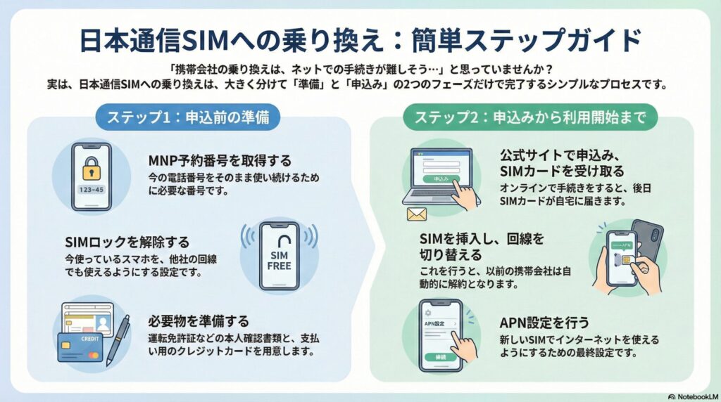 日本通信SIMへの乗り換え簡単ステップガイド。ステップ1「申込前の準備」として、MNP予約番号の取得、SIMロック解除、本人確認書類とクレジットカードの準備が挙げられています。ステップ2「申込みから利用開始まで」では、公式サイトでの申込みとSIMカード受取、SIM挿入による回線切り替え、最後にインターネット接続のためのAPN設定を行うというシンプルな2フェーズの流れが図解されています。