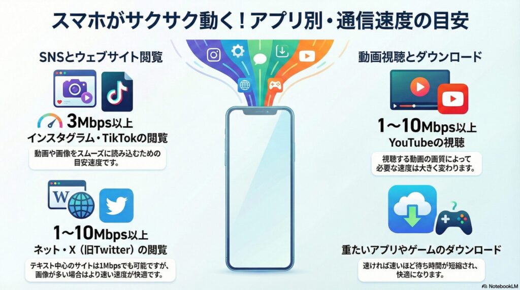 スマホがサクサク動く！アプリ別・通信速度の目安。SNSとウェブサイト閲覧では、インスタグラム・TikTokの閲覧に3Mbps以上、ネット・X（旧Twitter）の閲覧に1〜10Mbps以上が必要とされています。動画視聴とダウンロードでは、YouTubeの視聴に1〜10Mbps以上、重たいアプリやゲームのダウンロードは速ければ速いほど快適になると説明されています。