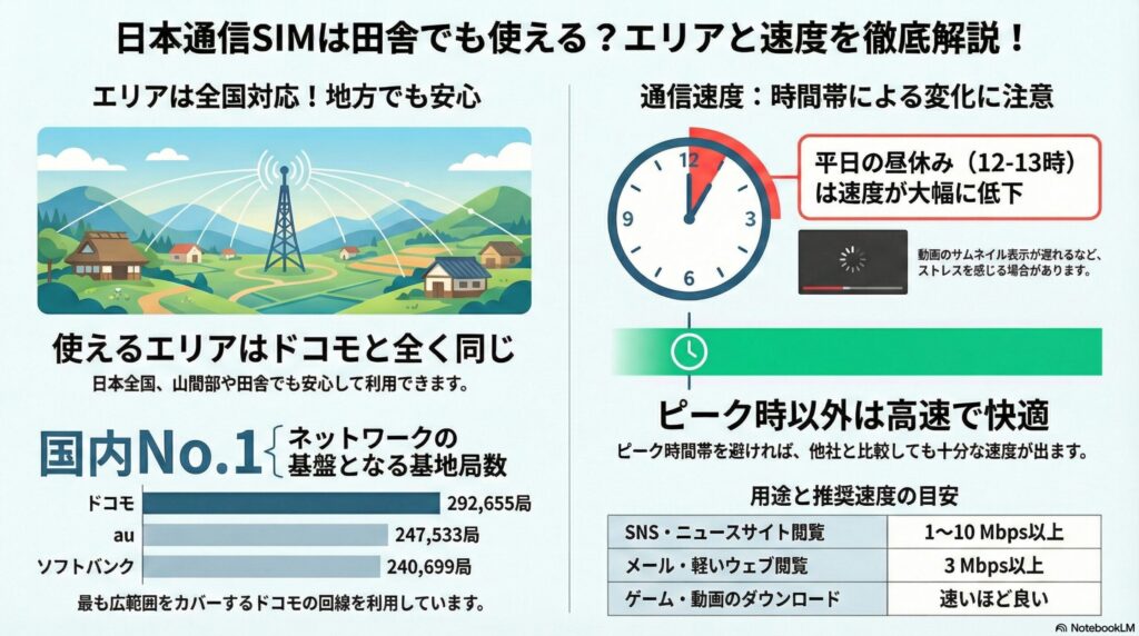 日本通信SIMのエリアと速度の解説図。エリア面ではドコモ回線を利用しており、基地局数はドコモが国内No.1の292,655局（au 247,533局、ソフトバンク 240,699局）であることが示され、田舎や山間部でも強いことが説明されています。速度面では、平日の昼休み（12-13時）は速度が大幅に低下し動画のサムネイル表示が遅れる場合があるものの、ピーク時以外は高速で快適であること、また用途別の推奨速度としてSNS・ニュース閲覧に1〜10Mbps以上、メール等に3Mbps以上が必要との目安が記載されています。