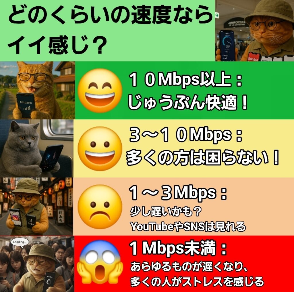 「どのくらいの速度ならイイ感じ？」と題した通信速度の体感目安表。10Mbps以上は「じゅうぶん快適！」、3〜10Mbpsは「多くの方は困らない！」、1〜3Mbpsは「少し遅いかも？YouTubeやSNSは見れる」、1Mbps未満は「あらゆるものが遅くなり、多くの人がストレスを感じる」と、4段階の速度域ごとにユーザーの快適度が猫のキャラクター画像と共に分かりやすく解説されています。