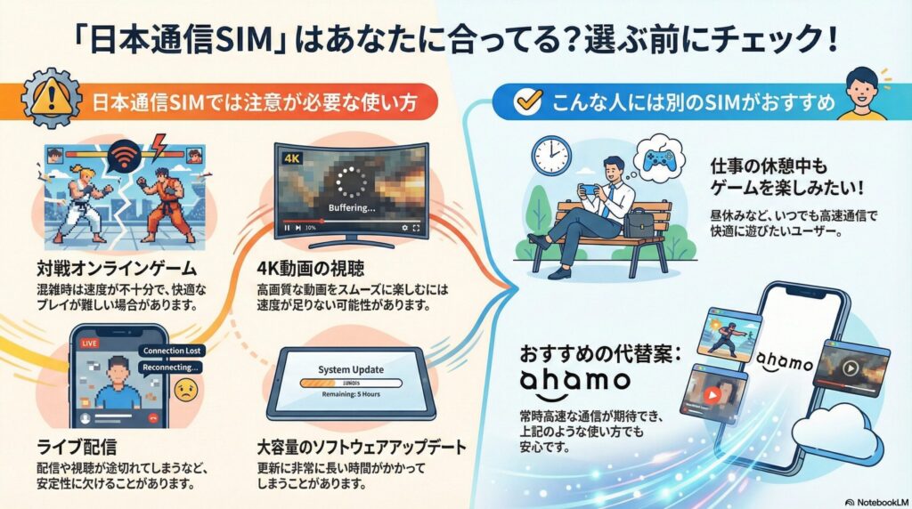 日本通信SIMが合っているかを確認するためのチェック図。注意が必要な使い方として「対戦オンラインゲーム」「4K動画の視聴」「ライブ配信」「大容量のソフトウェアアップデート」が挙げられ、混雑時の速度不足や安定性の欠如の可能性を指摘。これらの用途を重視し、仕事の休憩中もゲームを楽しみたいユーザーへの代替案として、常時高速な通信が期待できるahamoがおすすめされています。