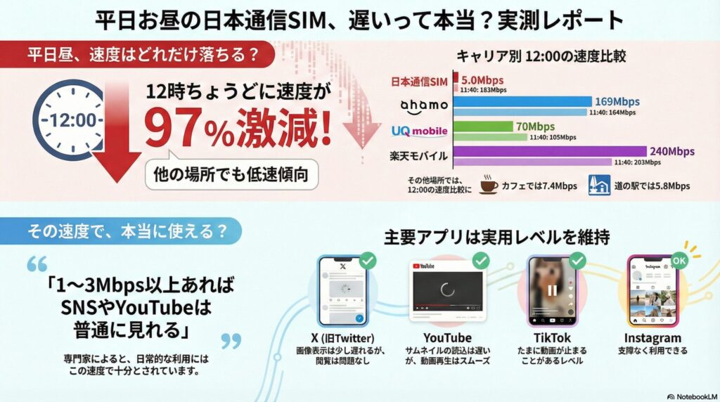 日本通信SIMの平日昼の速度低下に関する実測レポート。12:00ちょうどに速度が97%激減するというデータと共に、12:00時点のキャリア別比較（日本通信SIM 5.0Mbps、ahamo 169Mbps、UQ mobile 70Mbps、楽天モバイル 240Mbps）を掲載。一方で、1〜3Mbps以上あればSNSやYouTubeは普通に見れるため、主要アプリは実用レベルを維持できると解説されています。