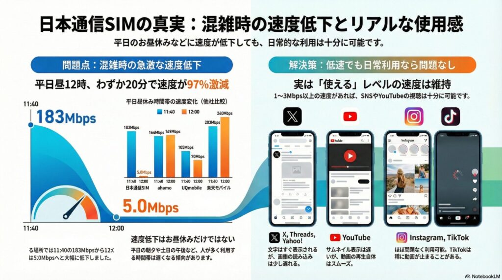 日本通信SIMの価格と速度の実態をahamoと比較した解説図。料金の安さと空いている時間の高速通信を強みとする一方、平日朝８時過ぎ、平日昼、平日夕方、土日の午後の速度低下を注意点として挙げています。時間帯別の実測比較では、平日8:59（梅田）で日本通信SIM 330Mbpsに対しahamo 390Mbps、平日12:25（ヨドバシ）で日本通信SIM 0.8Mbpsに対しahamo 86Mbps、土曜18:40（あべのハルカス）で日本通信SIM 167Mbpsに対しahamo 416Mbpsと、具体的な実測値に基づいた速度変動がグラフ化されています。