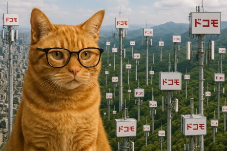 ドコモ電波エリアの広さを都市から山間部まで示す眼鏡猫と基地局群のイメージ
