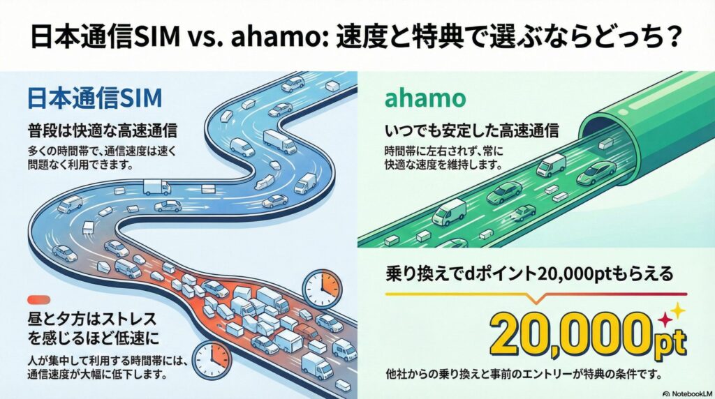 日本通信SIM vs. ahamo：速度と特典で選ぶならどっち？ 日本通信SIMとahamoの特性を比較した図。左側の日本通信SIMは、普段は快適な高速通信（193Mbps等の実績）が可能だが、昼と夕方の混雑時にはストレスを感じるほど低速に低下することを、蛇行し渋滞する道路で表現。右側のahamoは、時間帯に左右されず常に快適な速度を維持することを、直線的でスムーズなトンネル内の道路で表現。また、ahamoの特典として「乗り換えでdポイント20,000ptもらえる」キャンペーン情報が強調されている。