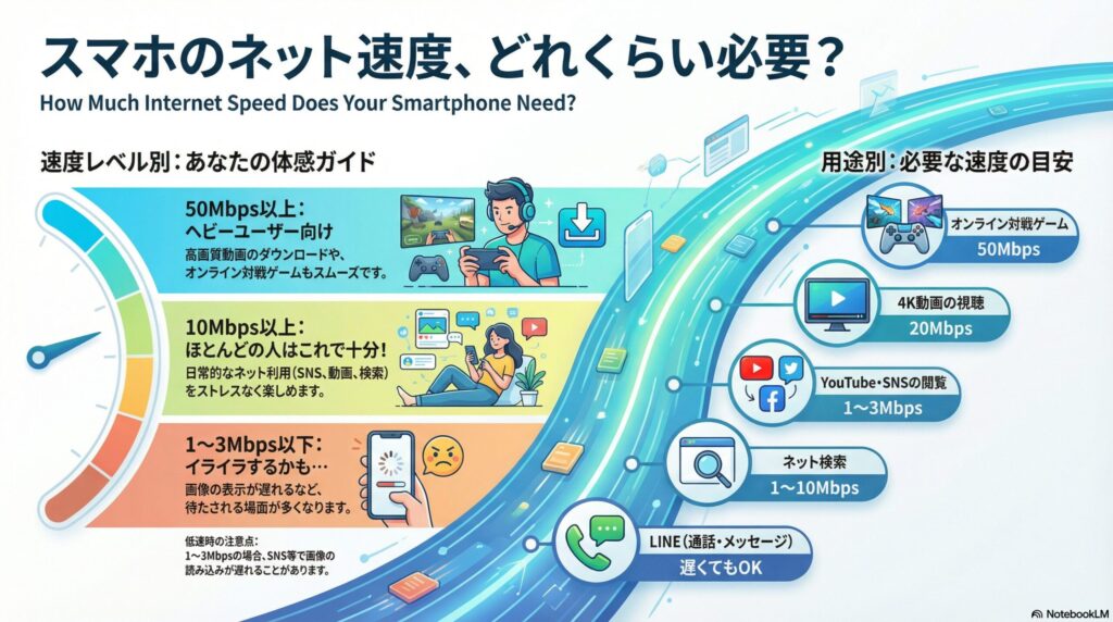 スマホのネット速度の必要目安と体感ガイドをまとめたインフォグラフィック。速度レベル別の体感ガイドでは、50Mbps以上は高画質動画やオンライン対戦ゲームもスムーズな「ヘビーユーザー向け」、10Mbps以上は日常的なネット利用をストレスなく楽しめる「ほとんどの人はこれで十分！」なレベル、1〜3Mbps以下は画像の表示が遅れるなど「イイライラするかも…」なレベルとして紹介されています。

用途別の必要速度の目安では、オンライン対戦ゲームに50Mbps、4K動画の視聴に20Mbps、YouTube・SNSの閲覧に1〜3Mbps、ネット検索に1〜10Mbpsが必要とされ、LINEの通話やメッセージは低速でも問題ないことが示されています。低速時の注意点として、1〜3Mbps程度ではSNS等で画像の読み込みが遅れる可能性があることが具体的に記されています。