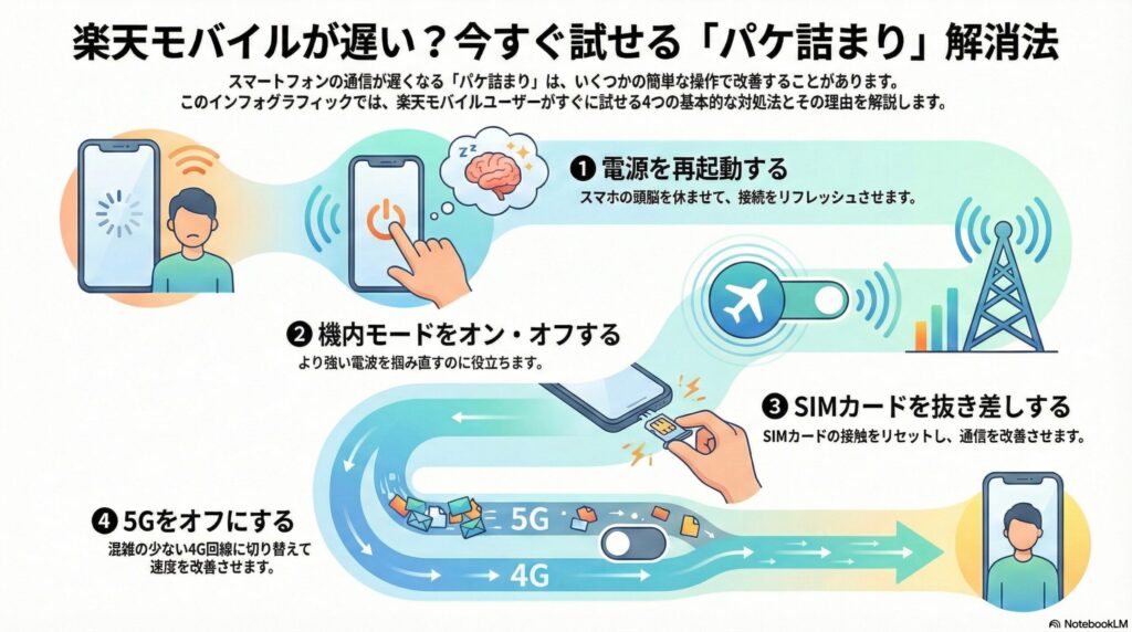 楽天モバイルの「パケ詰まり」解消法を解説したインフォグラフィック。通信が遅いと感じた時にすぐ試せる4つの基本的な対処法が図解されています。1つ目は「電源を再起動する」ことでスマホを休ませ接続をリフレッシュさせる方法。2つ目は「機内モードをオン・オフする」ことでより強い電波を掴み直す方法。3つ目は「SIMカードを抜き差しする」ことで接触をリセットし通信を改善させる物理的な方法。そして4つ目は「5Gをオフにする」ことで、混雑の少ない4G回線に切り替えて速度を改善させるテクニックが紹介されています。