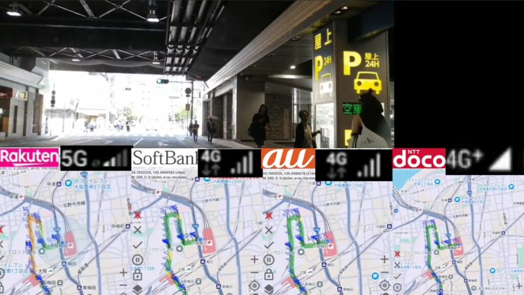 都市中心部の高架下・立体駐車場入口（黄色で「P 24h」表示）での電波比較コラージュ。
中央に4キャリアのアンテナピクトを横並びで配置──Rakuten Mobileは5G表示、SoftBankは4G、auは4G、NTT docomoは4G+。いずれも1〜2本程度の弱電界で、屋内・遮蔽環境の電波減衰を示す。
下段には同区間を走行しながら取得した各キャリアの電波強度ログを色分けプロットしたGoogle マップ4枚（青＝強い、緑＝中程度、赤×＝圏外）が並び、地下道・ビル影での通信断続区間を可視化。都市部屋内環境での4キャリア実測電波状況を網羅した一次データ比較画像。
