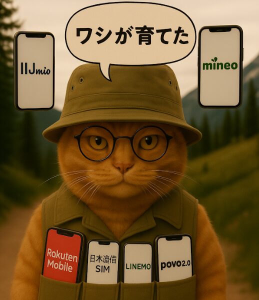 7. メガネ帽子の猫キャラが「ワシが育てた」と吹き出し、胸に楽天モバイル・日本通信SIM・LINEMO・povo2.0、左右にIIJmioとmineoのスマホを持つユーモア画像
