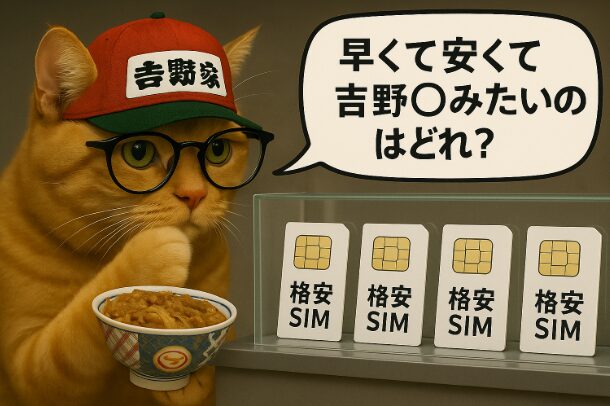 吉野家風ロゴ入り帽子をかぶり牛丼を手にしたメガネの茶トラ猫が、ショーケースの4枚の「格安SIM」カードを見つめ、吹き出しで「早くて安くて吉野◯みたいのはどれ?」と問いかけている画像。
