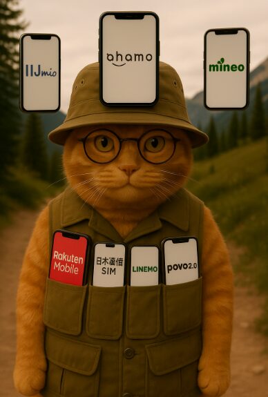 登山ベストを着た眼鏡の猫が、複数のスマホをポケットと周囲に携え、日本通信SIM、ahamo、LINEMO、povo2.0、mineo、楽天モバイル、IIJmioなどの格安SIMを紹介している様子