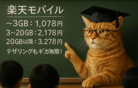 黒板の前で博士帽とメガネをかけた猫が教えるように指をさしており、黒板には「楽天モバイル ~3GB:1,078円、3〜20GB:2,178円、20GB以降:3,278円、テザリングもギガ無限!」と料金プランが書かれている。
