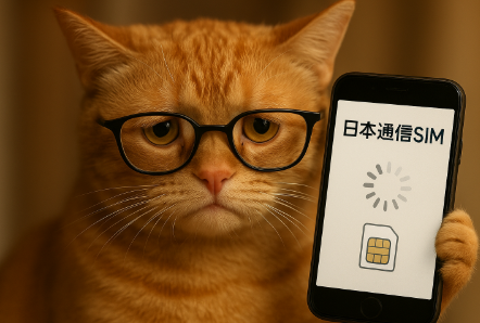 日本通信SIMの通信速度低下に不満げな表情でスマホを掲げるメガネ姿の茶トラ猫

