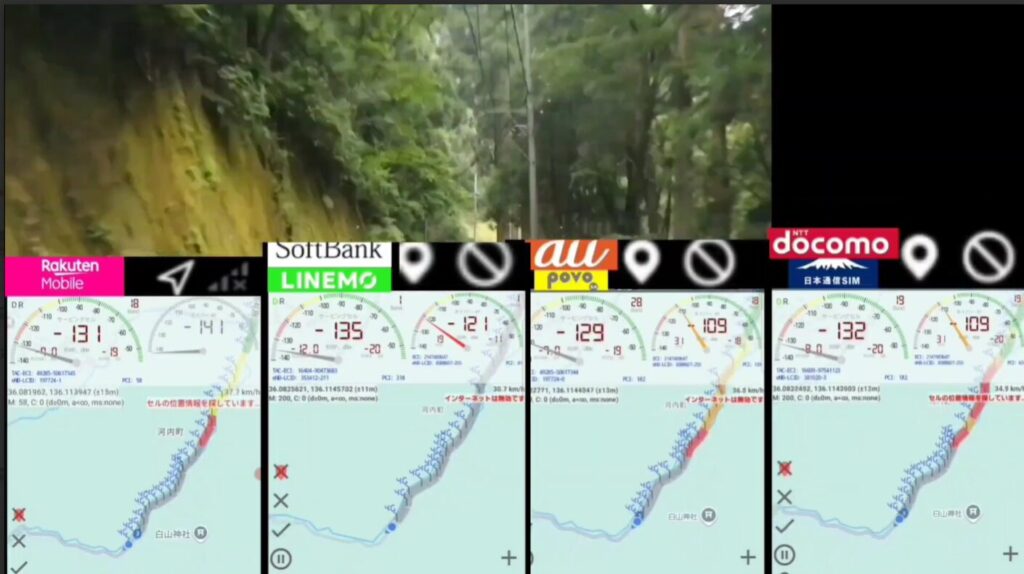 山道の林間道路を走行中、楽天モバイル、ソフトバンク、au、ドコモの4回線すべてが圏外を示している様子。電波強度は軒並み-130dBm前後で非常に弱く、いずれの回線も接続が困難なエリアであることが分かる。