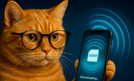 メガネをかけた茶トラ猫がeSIMをダウンロード中のスマホを掲げ、電波エフェクトが広がる格安SIM設定シーン
