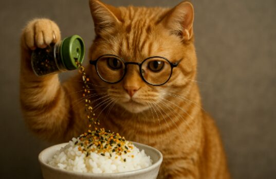 メガネをかけた茶トラ猫が白米にふりかけを振りかける可愛い面白い写真
