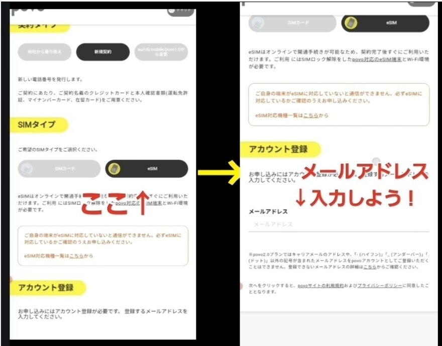 povoアプリのeSIM選択からメールアドレス入力までを矢印で示す登録手順スクリーンショット
