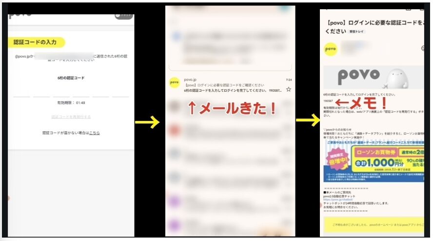 povo2.0のログイン時に届く認証コードメールの確認手順を解説した画像（ステップ形式）
