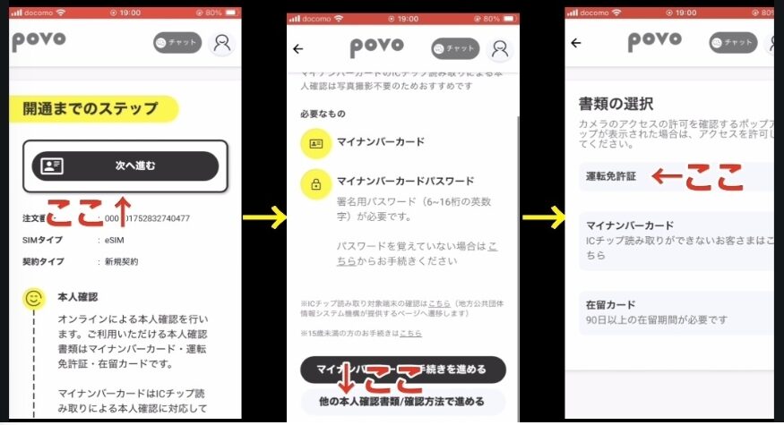 povo2.0契約時に本人確認書類をアップロードする手順を解説した画面遷移の案内
