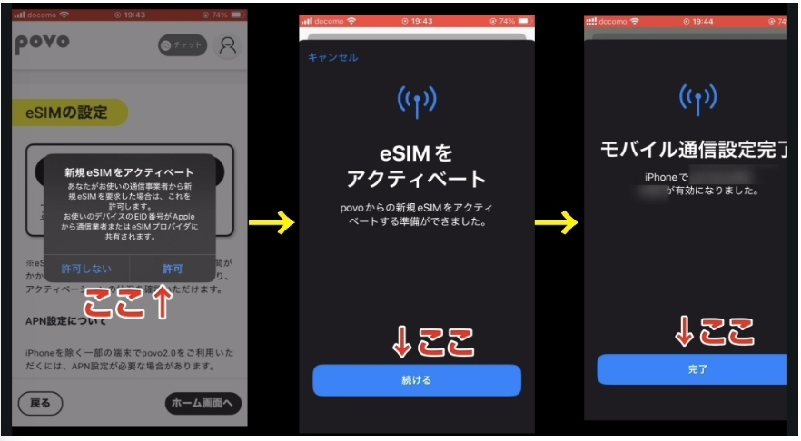 povo2.0のeSIMをiPhoneでアクティベートし、モバイル通信設定が完了するまでの手順を解説した画面
