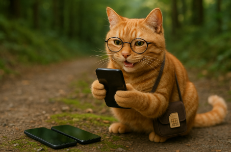森の中の小道で、眼鏡をかけた茶トラ猫がスマホを楽しそうに操作しており、足元には他の2台のスマホが並べられている様子