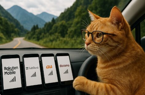 山道をドライブ中の眼鏡をかけた猫がハンドルを握り、前方には楽天モバイル、ソフトバンク、au、ドコモの電波状況を表示する4台のスマホが並べられている様子
