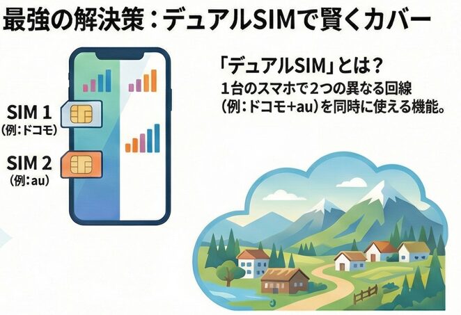 「最強の解決策：デュアルSIMで賢くカバー」と題された解説画像。1台のスマホでドコモとauなど2つの異なる回線を同時に利用できる「デュアルSIM」の仕組みを図解している。画像左側では、SIM 1（ドコモ）とSIM 2（au）の2つの物理SIMカードがスマートフォンに挿入され、それぞれのアンテナピクトが立っている様子を描画。右側にはのどかな田舎・山間部のイラストが配置されており、複数の回線を組み合わせることで、特定のキャリアが圏外になるような場所でも通信を維持できる解決策であることを表現している。