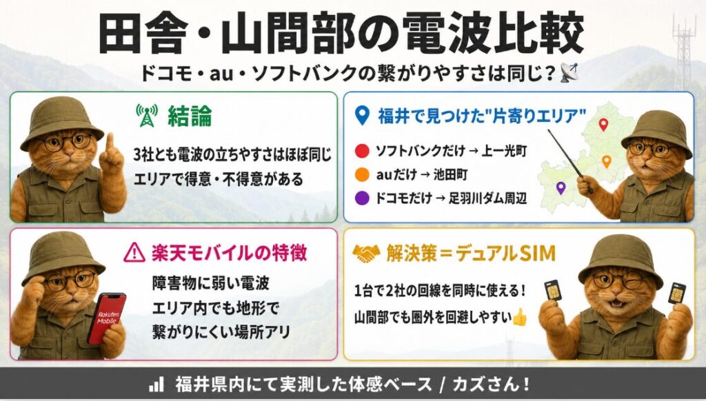 田舎・山間部でのスマホ電波比較と解決策の解説図。山間部では大手3キャリア（ドコモ、au、ソフトバンク）の電波の強さは総合的にほぼ同じだが、キャリアごとに「ここだけ繋がる」エリアが点在していることを示している。また、楽天モバイルは地形などの障害物に弱い傾向がある。最強の解決策としてデュアルSIM（例：ドコモ＋au）の活用を提案しており、1つの回線が圏外でも、もう片方の回線でカバーすることで圏外エリアを大幅に減らせるメリットを説明している。