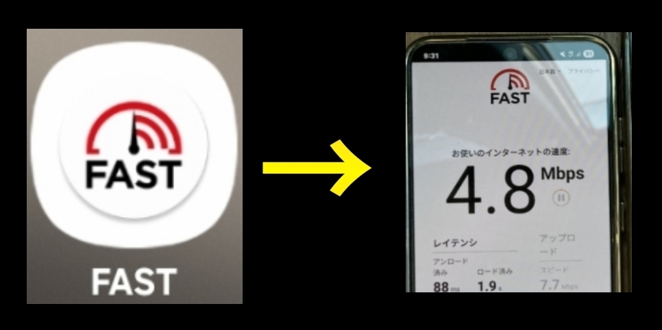 通信速度測定アプリ「FAST」のアイコンと、そのアプリで測定された実際の画面が並び、下り速度を記録している様子