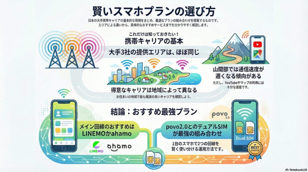 賢いスマホプランの選び方の結論。大手3社のエリアはほぼ同じだが、得意な地域は異なるため住まいの地域での確認を推奨。山間部では速度低下の傾向があるがYouTube利用等には十分。結論として、メイン回線にはLINEMOかahamoを選び、サブ回線に基本料0円のpovo2.0を組み合わせる「デュアルSIM運用」が1台のスマホで2回線を賢く使い分ける最強の組み合わせとして提案されています。