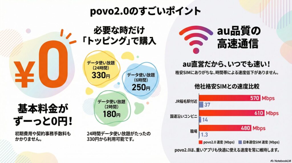 povo2.0の魅力と他社比較の解説図。基本料金が0円で、必要な時だけ「トッピング」を購入する仕組みが紹介されており、データ使い放題（24時間）が330円、6時間が250円、2時間が180円といった具体的な料金が記載されています。速度面ではau直営の高品質な通信を強みとし、他社格安SIMとの実測比較データを掲載。JR稲毛駅付近でpovo2.0が570Mbpsに対し日本通信SIMは37Mbps、国道沿いコンビニでpovo2.0が610Mbpsに対し日本通信SIMは14Mbps、職場でpovo2.0が480Mbpsに対し日本通信SIMは1.3Mbpsと、場所を問わずpovo2.0が圧倒的な高速通信を維持している実測値が示されています。