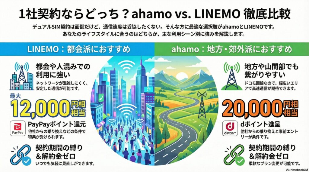 ahamoとLINEMOの徹底比較図。LINEMOは「都会派」向けとして都会や人混みでの利用に強く、最大12,000円相当のPayPayポイント還元を特徴としています。ahamoは「地方・郊外派」向けとして地方や山間部での繋がりやすさを強みとし、20,000円相当のdポイント進呈キャンペーンを紹介。両者ともに契約期間の縛りや解約金はゼロであると示されています。