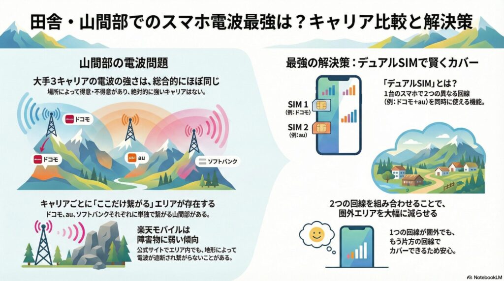 田舎・山間部でのスマホ電波比較と解決策の解説図。山間部では大手3キャリア（ドコモ、au、ソフトバンク）の電波の強さは総合的にほぼ同じだが、キャリアごとに「ここだけ繋がる」エリアが点在していることを示している。また、楽天モバイルは地形などの障害物に弱い傾向がある。最強の解決策としてデュアルSIM（例：ドコモ＋au）の活用を提案しており、1つの回線が圏外でも、もう片方の回線でカバーすることで圏外エリアを大幅に減らせるメリットを説明している。