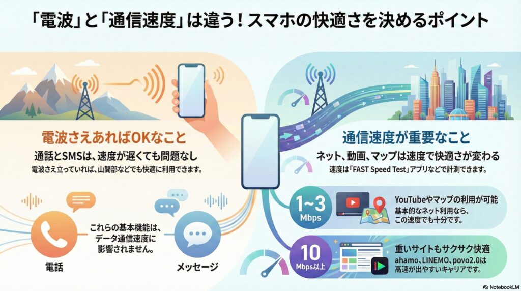 （電波と通信速度の違い・数値指標）
「電波」と「通信速度」の違いと快適さの指標を解説した図。左側では通話やSMSは速度に関わらず「電波さえあればOK」であることを示し、右側ではネットや動画、マップの快適さを決める「通信速度」の重要性を解説。具体的な数値データとして、1〜3MbpsあればYouTubeやマップの利用が可能で基本的なネット利用には十分であること、10Mbps以上あれば重いサイトもサクサク快適に閲覧できることを示している。また、ahamo、LINEMO、povo2.0は高速が出やすいキャリアとして紹介されている。
