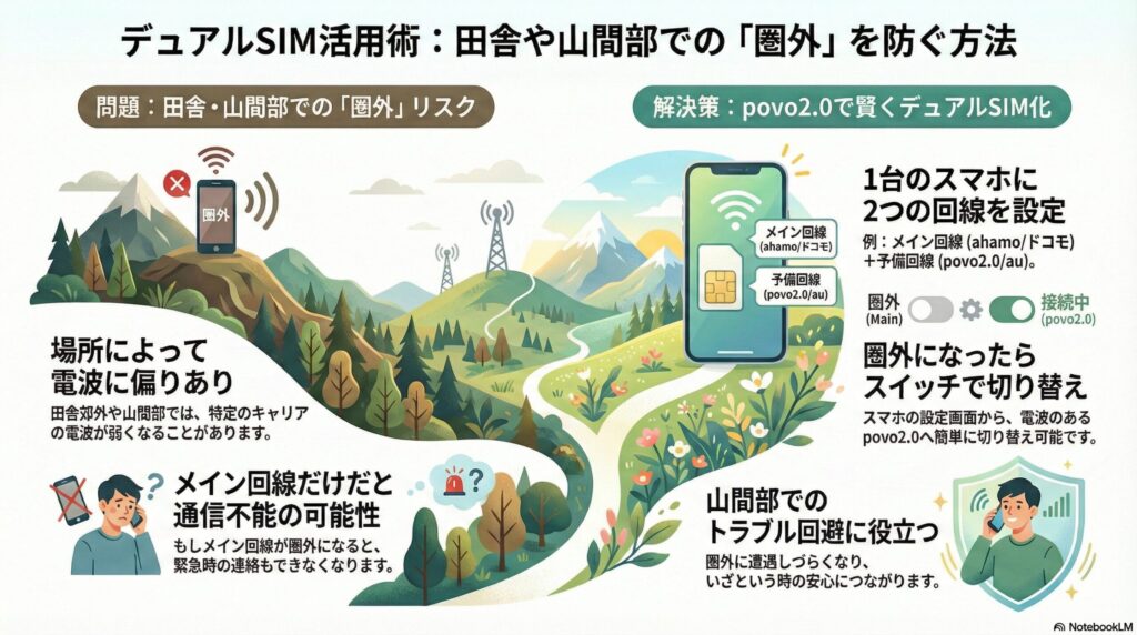 デュアルSIM活用術として、田舎や山間部での「圏外」を防ぐ方法を解説した図解画像。左側には「問題：田舎・山間部での圏外リスク」として、場所による電波の偏りや、メイン回線単独では通信不能・緊急連絡不可になるリスクを説明。右側には「解決策：povo2.0で賢くデュアルSIM化」を提示し、1台のスマホにメイン回線（例：ahamo/ドコモ）と予備回線（povo2.0/au）の2つを設定する例を図解している。メインが圏外になっても、スマホの設定画面からスイッチひとつで接続中のpovo2.0へ切り替えが可能であることを示し、山間部でのトラブル回避に役立つことを強調している。