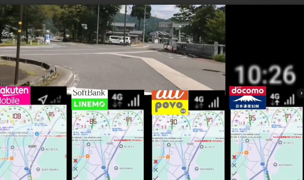 住宅地のある街中へ来たのに、まだ楽天モバイルの電波が復帰していない様子。普段この場所では楽天モバイルの電波はしっかり立つはずなのだが…。