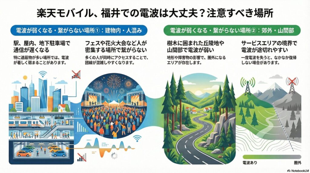 「楽天モバイル、福井での電波は大丈夫？注意すべき場所」と題した解説図。福井県内において楽天モバイルの電波が弱くなる・繋がらない場所を2つのパターンで図解している。

左側の「場所①：建物内・人混み」では、駅・屋内・地下駐車場など遮蔽物が多い場所での速度低下や、フェス・花火大会などの密集地で回線が混雑し繋がらなくなるリスクを説明。 右側の「場所②：郊外・山間部」では、福井の地形に即した一次情報として、樹木に囲まれた丘陵地や山間部で電波が弱くなること、サービスエリアの境界線で一度電波を失うと復帰しにくい問題を指摘している。

図下部には、都市部のビル群や地下駐車場、花火大会の群衆、そして山間部のうねる道路とキャリア境界線のイラストが配置され、視覚的に電波の途切れやすさを表現している。