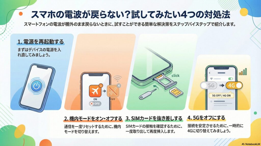 「スマホの電波が戻らない？試してみたい4つの対処法」と題された解説図。圏外のまま電波が復旧しない時の解決策を4つのステップで図解している。

電源を再起動する：デバイスの電源を入れ直す基本手順を青色のパネルで表示。

機内モードをオン・オフする：通信のリセットを目的とした切り替え操作をオレンジ色のパネルで表示。

SIMカードを抜き差しする：専用ピンでSIMトレイを取り出し、接触を確認する物理的な手順を緑色のパネルで図解。

5Gをオフにする：接続を安定させるため、スマホの設定画面から一時的に「4G」へと優先ネットワークを切り替える操作を黄色のパネルで解説している。