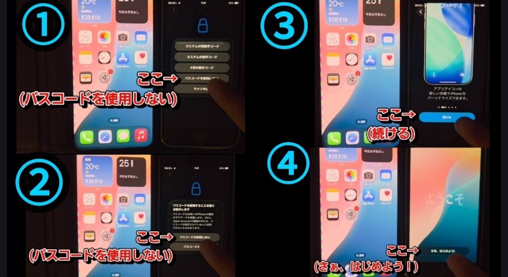 iPhone初期設定の手順を示す画像。①パスコード設定画面で「パスコードを使用しない」を選択、②確認画面でも「パスコードを使用しない」を選択、③「続ける」ボタンを押してセットアップを進行、④「ようこそ」画面で「さぁ、はじめよう！」を押して完了する流れが説明されている。
