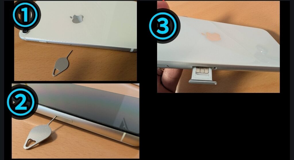 iPhoneのSIMカードを取り出す手順を示す画像。①iPhone本体とSIMピンを用意、②側面のSIMトレイ穴にピンを差し込む、③SIMトレイが引き出され中のSIMカードが見える様子。
