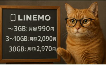 メガネをかけた茶トラ猫が黒板の前で「LINEMO」の料金プランを紹介している様子。黒板には「～3GB：月額990円」「3～10GB：月額2,090円」「30GB：月額2,970円」と書かれている。
