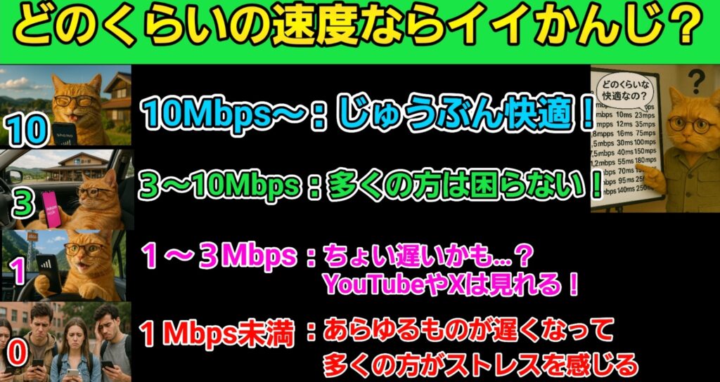 通信速度の目安を視覚的に示した解説画像。「どのくらいの速度ならイイかんじ？」というタイトルのもと、猫キャラが登場し、速度別に4段階で分類。10Mbps以上は「じゅうぶん快適」、3〜10Mbpsは「多くの方は困らない」、1〜3Mbpsは「ちょい遅いかも…？YouTubeやXは見れる」、1Mbps未満は「多くの方がストレスを感じる」と解説。右端には速度とできることの対照表も掲示。
