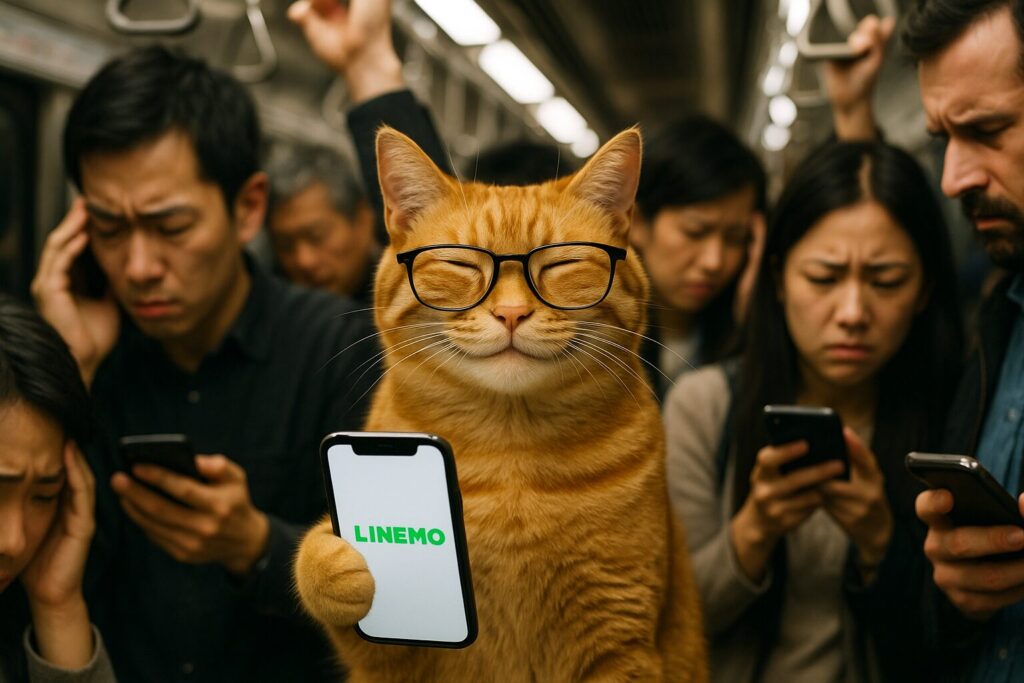 メガネをかけた茶トラ猫が満員電車の中でスマホを手に持ち、画面に「LINEMO」のロゴが表示されている様子。周囲の乗客は通信に困っている表情をしており、猫だけが快適に通信しているように見えるシーン。
