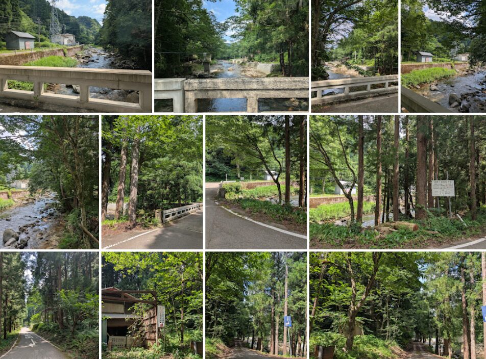 石川県小松市の国道416号線の道中、林道区間の川沿いの林道を撮影した写真群。清流にかかる小さなコンクリート橋や、杉林に囲まれた細い道路、木陰の中の案内板や古い建物が写っており、自然豊かで静かな渓谷沿いの風景を記録した構図。