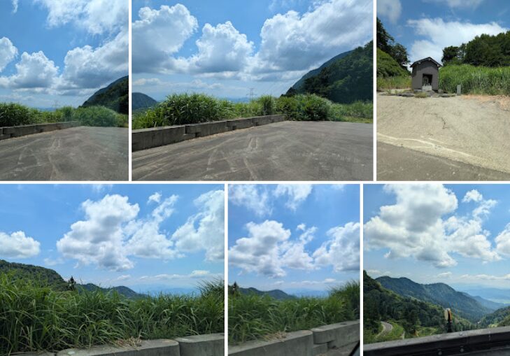 勝山と石川県の県境付近、山頂(新俣峠)の駐車場。山頂付近からの眺望を撮影した6枚の写真。眼下には山々が連なり、青空と白い雲が広がる夏の日の風景。道路脇の展望スペースや草むら、小さな祠も写り、自然豊かな山間部の静けさが伝わる構図。