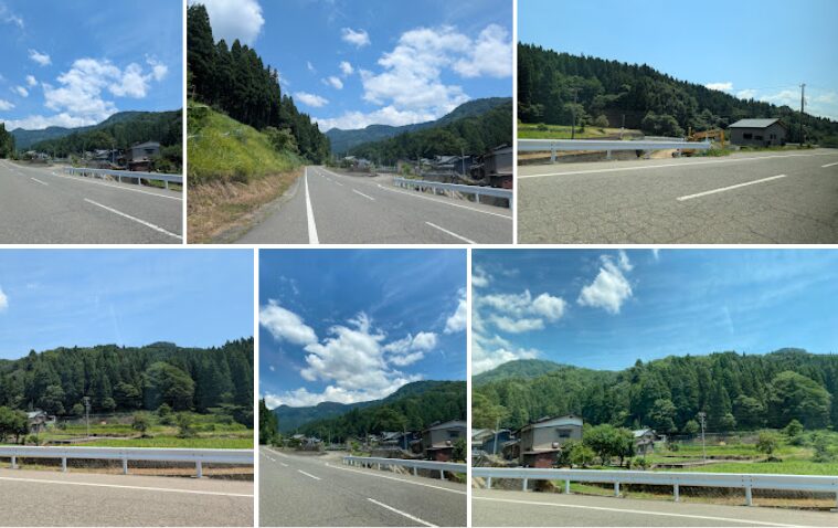 福井県田舎町(福井県勝山市の野向町北野津又)の山間集落を撮影した6枚の風景写真。青空の下、周囲を深い緑の杉林や山々に囲まれ、道路沿いには民家や田畑が点在している。夏の晴天で、のどかな農村の雰囲気が伝わる構図。
