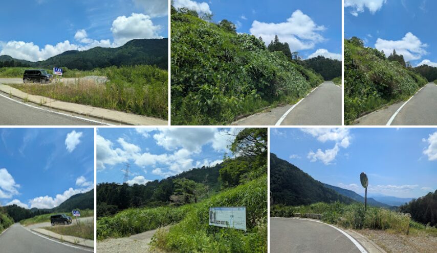 福井県勝山市の山間部の山道、国道416号線の八反滝の駐車場。山間部の細い舗装道路沿いの風景写真6枚。周囲は濃い緑の木々や草が生い茂り、青空と白い雲が広がる夏の日の景色。道路脇には車や案内板があり、自然に囲まれた静かな山道の様子を写している。