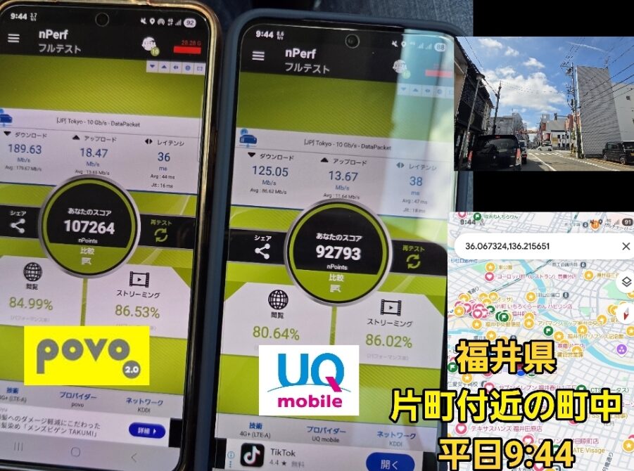 福井県片町付近の町中で平日9:44に、povo2.0とUQモバイルのスマホでnPerfフルテストを実施した様子を示す画像。左のスマホはpovo2.0でスコア107264、ダウンロード189.63Mbps、アップロード18.47Mbps、ストリーミングスコア86.53％。右のスマホはUQモバイルでスコア92793、ダウンロード125.05Mbps、アップロード13.67Mbps、ストリーミングスコア86.02％。右上には測定地点の実際の風景写真とGoogleマップのスクリーンショットも表示。
