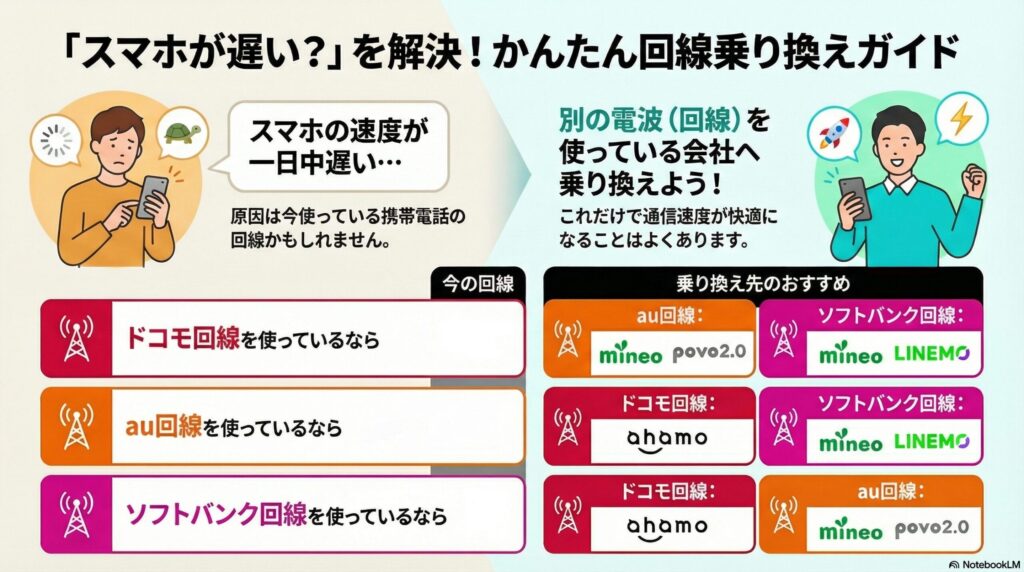 ドコモ回線利用中の人

→auかソフトバンク回線の携帯会社へ乗り換える

au回線利用中の人

→ドコモかソフトバンク回線の携帯会社へ乗り換える

ソフトバンク回線を利用中の人

→ドコモかau回線の携帯会社へ乗り換える