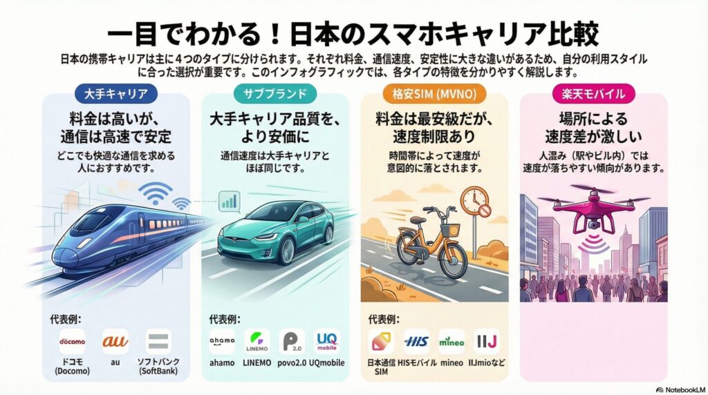 （一目でわかる！日本のスマホキャリア比較） 日本のスマホキャリアを4つのタイプに分けた比較図。1.「大手キャリア（ドコモ、au、ソフトバンク）」：料金は高いが通信は高速で安定。新幹線のイラストで表現。2.「サブブランド（ahamo、LINEMO、povo2.0、UQ mobile）」：大手キャリア品質をより安価に提供。通信速度は大手とほぼ同じ。乗用車のイラストで表現。3.「格安SIM/MVNO（日本通信SIM、HISモバイル、mineo、IIJmioなど）」：料金は最安級だが時間帯によって意図的な速度制限あり。自転車のイラストで表現。4.「楽天モバイル」：場所による速度差が激しく、人混みやビル内では速度が落ちやすい傾向。ドローンのイラストで表現。